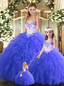 Blue Ball Gowns Beading and Ruffles Ball Gown Prom Dress Lace Up Tulle Sleeveless Floor Length