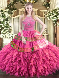 Dramatic Tulle Halter Top Sleeveless Zipper Beading and Ruffles and Sequins Ball Gown Prom Dress in Hot Pink