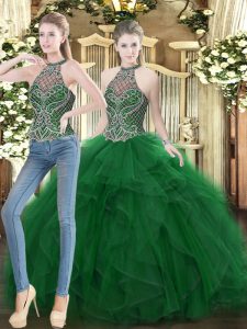 Spectacular Two Pieces Vestidos de Quinceanera Dark Green High-neck Organza Sleeveless Floor Length Lace Up