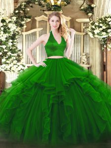 Beautiful Green Sweet 16 Dresses Military Ball and Sweet 16 and Quinceanera with Ruffles Halter Top Sleeveless Zipper