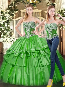 Green Tulle Lace Up Vestidos de Quinceanera Sleeveless Floor Length Beading and Ruffled Layers