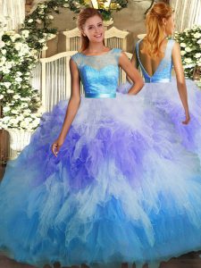 Multi-color Ball Gowns Lace and Ruffles Quinceanera Gowns Backless Tulle Sleeveless Floor Length