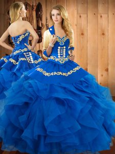 Inexpensive Blue Sleeveless Satin and Organza Lace Up Sweet 16 Quinceanera Dress for Military Ball and Sweet 16 and Quinceanera