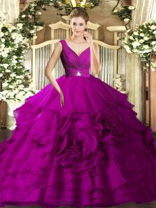 V-neck Sleeveless Organza Quinceanera Dresses Beading and Ruffles Backless