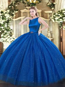Cheap Blue Ball Gowns Scoop Sleeveless Tulle Floor Length Clasp Handle Belt Quinceanera Gowns