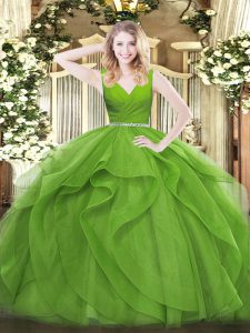 Discount Zipper V-neck Beading and Ruffles Quince Ball Gowns Tulle Sleeveless