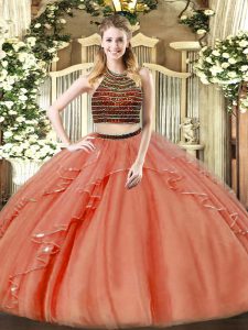 Luxury Rust Red Ball Gowns Halter Top Sleeveless Organza Floor Length Zipper Beading and Ruffles 15th Birthday Dress