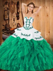 Nice Turquoise Lace Up Strapless Embroidery and Ruffles Quinceanera Dresses Satin and Organza Sleeveless