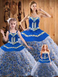 Fabulous Sleeveless Fabric With Rolling Flowers Sweep Train Lace Up Quinceanera Dress in Multi-color with Embroidery