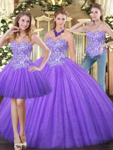 Exquisite Eggplant Purple Ball Gowns Sweetheart Sleeveless Tulle Floor Length Zipper Appliques Ball Gown Prom Dress