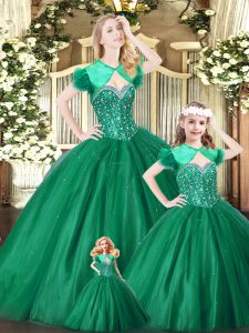 Trendy Green Ball Gowns Tulle Sweetheart Sleeveless Beading Floor Length Lace Up Quinceanera Gowns