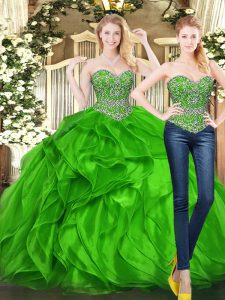 Pretty Green Sleeveless Beading and Ruffles Floor Length Quinceanera Dresses