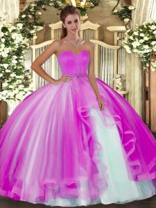 Sleeveless Floor Length Beading Lace Up Sweet 16 Quinceanera Dress with Fuchsia