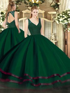 Sleeveless Tulle Floor Length Zipper Quinceanera Dress in Dark Green with Beading and Ruffled Layers