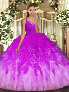 Multi-color Quince Ball Gowns Military Ball and Sweet 16 and Quinceanera with Ruffles V-neck Sleeveless Backless