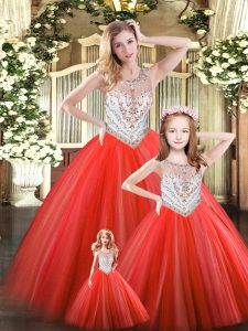 Red Lace Up Scoop Beading Quinceanera Gowns Tulle Sleeveless