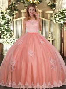 Dramatic Watermelon Red Scoop Clasp Handle Lace and Appliques 15th Birthday Dress Sleeveless