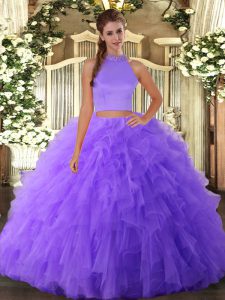 Lavender Two Pieces Tulle Halter Top Sleeveless Beading and Ruffles Floor Length Backless Sweet 16 Dress