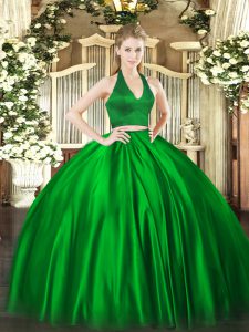 Green Two Pieces Ruching 15th Birthday Dress Zipper Satin Sleeveless Floor Length