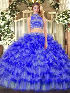 Custom Fit High-neck Sleeveless Backless Quinceanera Dresses Blue Tulle