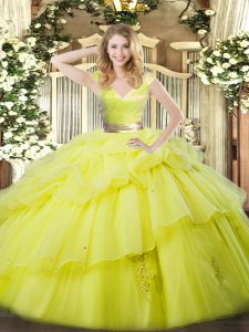 Yellow Green Sleeveless Ruffled Layers Floor Length Sweet 16 Dress