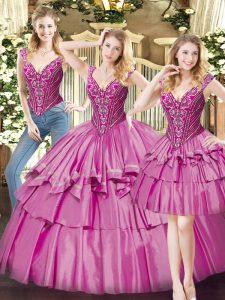 Wonderful Organza V-neck Sleeveless Lace Up Beading and Ruffled Layers Quinceanera Dress in Fuchsia