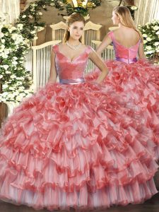 Stylish Ball Gowns Vestidos de Quinceanera Watermelon Red V-neck Organza Sleeveless Floor Length Zipper