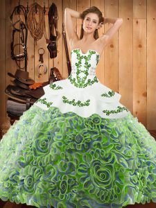Affordable Multi-color Satin and Fabric With Rolling Flowers Lace Up Quinceanera Gowns Sleeveless With Train Sweep Train Embroidery