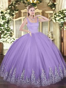 Floor Length Lavender Quinceanera Gowns Tulle Sleeveless Appliques