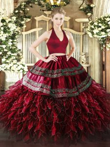 Spectacular Wine Red Quinceanera Gown Military Ball and Sweet 16 and Quinceanera with Appliques and Ruffles Halter Top Sleeveless Zipper