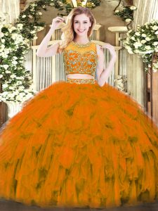 Glittering Rust Red Sleeveless Tulle Zipper Quinceanera Dress for Military Ball and Sweet 16 and Quinceanera