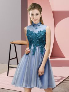Sleeveless Knee Length Appliques Lace Up Quinceanera Court of Honor Dress with Blue