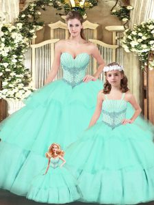 Custom Made Aqua Blue Sleeveless Tulle Lace Up Quinceanera Dresses for Military Ball and Sweet 16 and Quinceanera