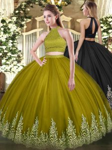 Olive Green Ball Gowns Tulle Halter Top Sleeveless Beading and Appliques Floor Length Backless Quince Ball Gowns