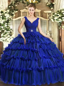 Fine Royal Blue Organza Backless Ball Gown Prom Dress Sleeveless Floor Length Beading and Ruffled Layers