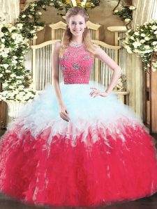 Multi-color Ball Gowns Tulle Halter Top Sleeveless Beading and Ruffles Floor Length Zipper Quinceanera Gown