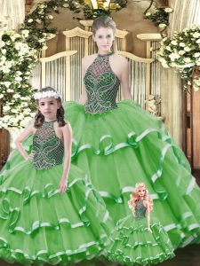 Custom Design Green Ball Gowns Beading and Ruffled Layers 15 Quinceanera Dress Lace Up Tulle Sleeveless Floor Length