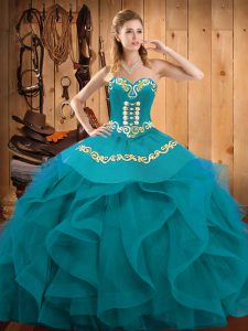 Best Floor Length Lace Up Quinceanera Gown Teal and Turquoise for Military Ball and Sweet 16 and Quinceanera with Embroidery and Ruffles
