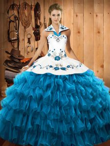 High End Teal Ball Gowns Embroidery and Ruffled Layers Quinceanera Gowns Lace Up Organza Sleeveless Floor Length