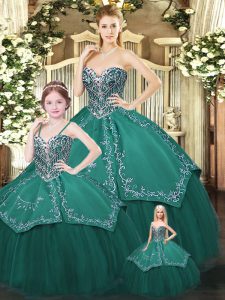 Spectacular Sleeveless Satin and Tulle Floor Length Lace Up Quinceanera Gowns in Dark Green with Embroidery