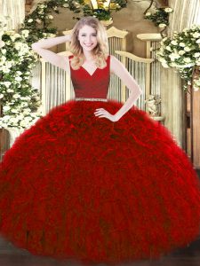 Sleeveless Tulle Floor Length Zipper Quinceanera Dress in Red with Beading and Ruffles