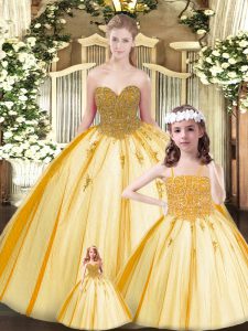 Floor Length Ball Gowns Sleeveless Gold Quince Ball Gowns Lace Up