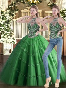Ball Gowns Quinceanera Dresses Green High-neck Tulle Sleeveless Floor Length Lace Up