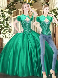 Floor Length Green Ball Gown Prom Dress Tulle Sleeveless Beading