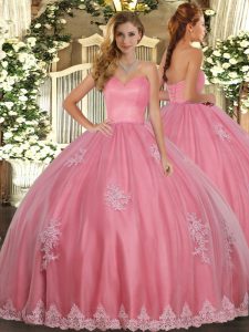 Dazzling Floor Length Lace Up Quinceanera Dresses Watermelon Red for Military Ball with Beading and Appliques