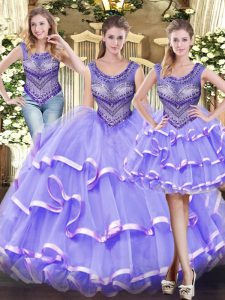 Custom Made Lavender Sleeveless Floor Length Beading and Ruffled Layers Lace Up Quince Ball Gowns