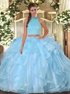 Light Blue Backless Ball Gown Prom Dress Beading and Ruffles Sleeveless Floor Length