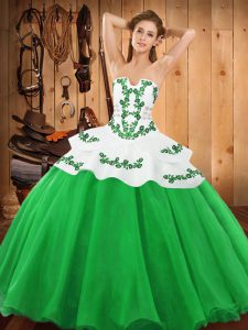 Green Strapless Neckline Embroidery Quince Ball Gowns Sleeveless Lace Up