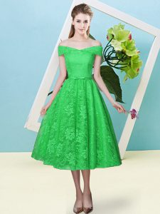 Green Lace Up Off The Shoulder Bowknot Quinceanera Dama Dress Lace Cap Sleeves