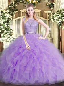 Scoop Sleeveless Sweet 16 Quinceanera Dress Floor Length Beading and Ruffles Lavender Tulle